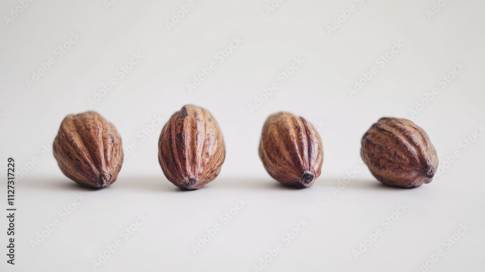 Aufkleber Cacao fruits arranged in a row isolated on a white background showcasing their unique texture and form with selective focus