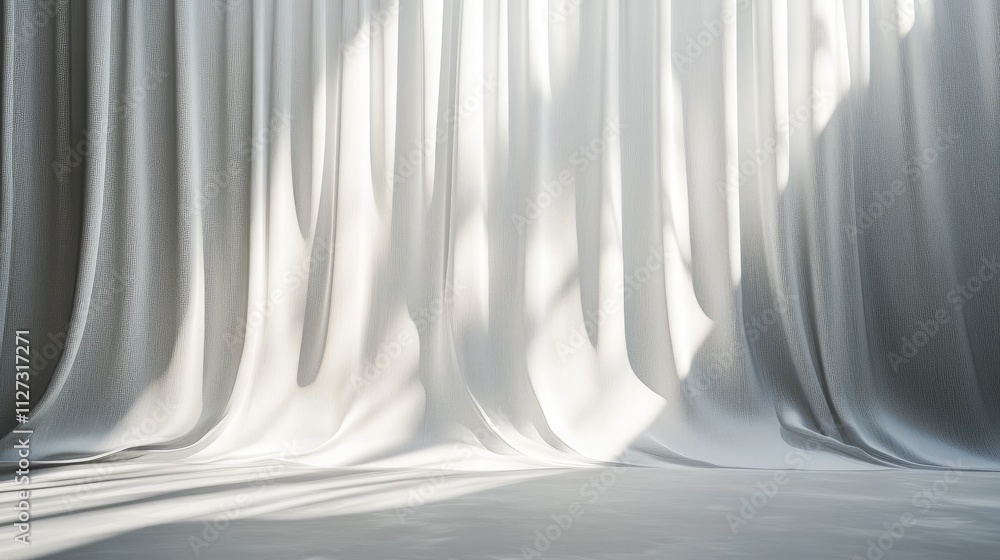 Poster soft white curtains casting gentle shadows, creating an elegant and abstract background for design a