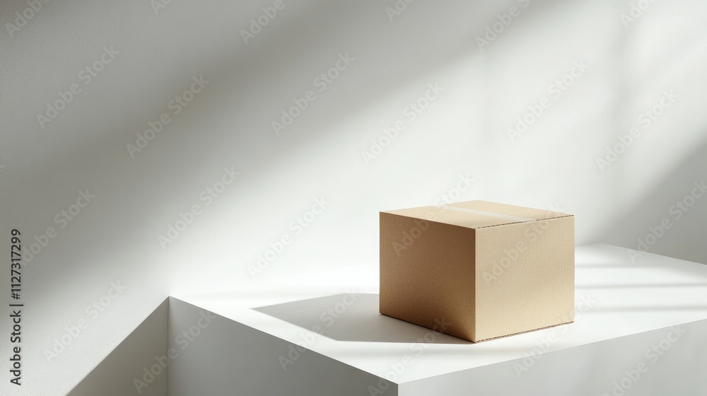 Poster closed cardboard box on a minimalist surface with soft shadows highlighting its shape and texture in