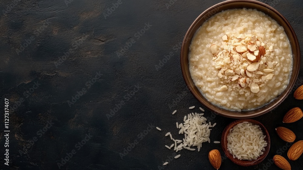 Poster creamy rice pudding in a bowl topped with almonds and cashews on a dark background with copy space f