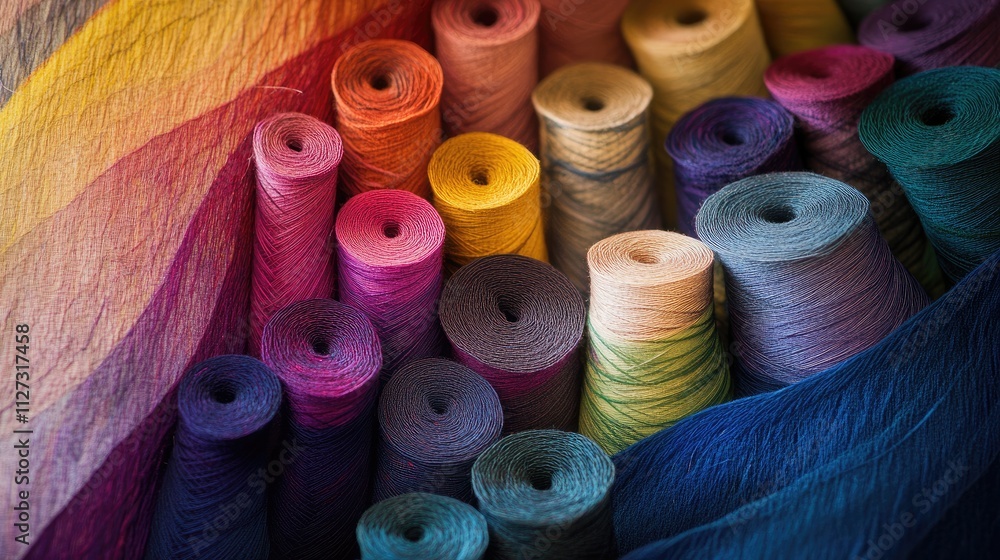 Poster close-up view of vibrant threads in various colors arranged in spools creating a visually appealing 