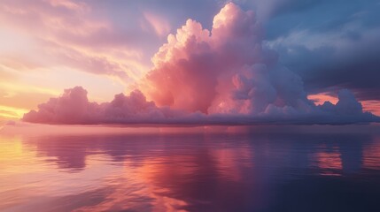 Obraz premium Cumulonimbus clouds illuminated by sunset reflecting on calm sea water creating a serene atmospheric landscape scene
