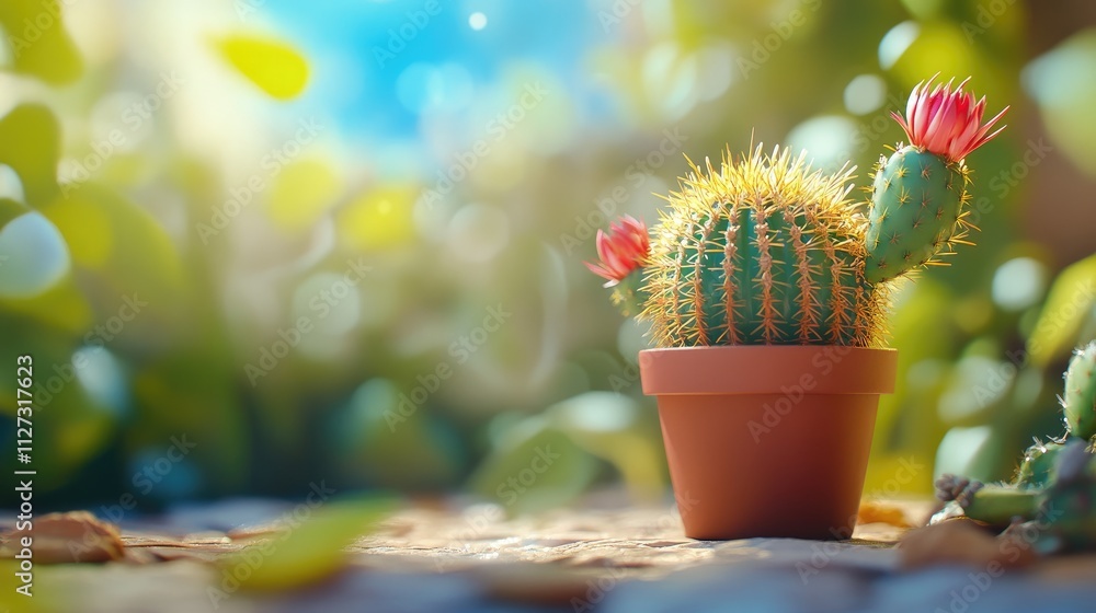 Poster Vibrant cactus in a small pot illuminated by sunlight creating a warm and inviting atmosphere in a natural outdoor setting