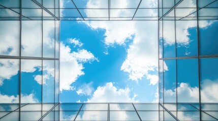 Obraz premium Modern architectural design with glass walls framing a vibrant blue sky and fluffy clouds from an upward perspective in an urban setting.