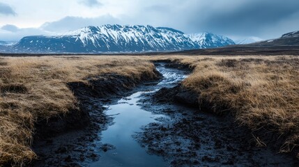 Fototapeta premium Melting black snow reveals springtime landscape with flowing water and rugged mountains under dramatic clouded sky