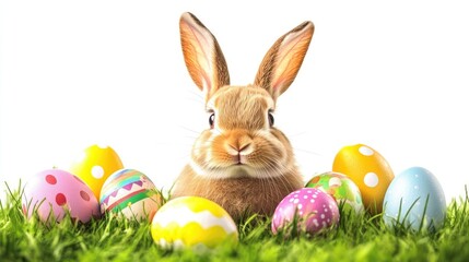 Easter bunny amidst colorful decorated eggs on a vibrant green grass background creating a cheerful holiday theme