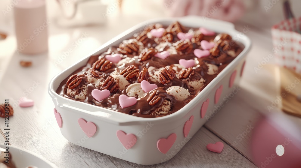 Poster chocolate ice cream dessert with pecans and pink hearts in a baking dish on a white table creating a
