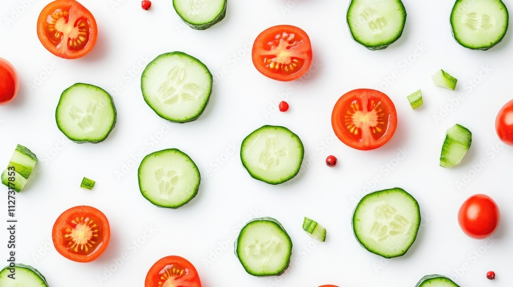 Poster freshly sliced cucumbers and tomatoes arranged on a white background creating a vibrant and healthy 
