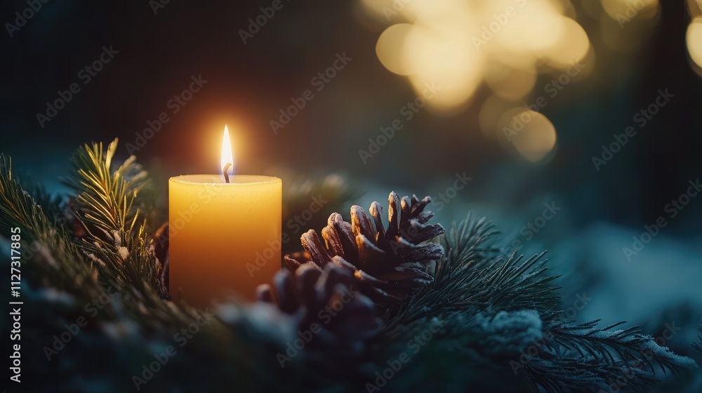 Poster advent wreath featuring the first lit candle with pinecones and greenery creating a warm atmosphere 