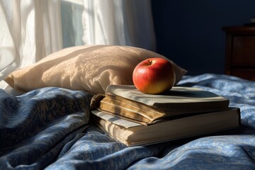 Cozy morning with books, an apple, and soft sunlight streaming through the window