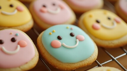 Colorful smiling cookies with smiley faces on a cooling rack, perfect for celebrations and children's parties.