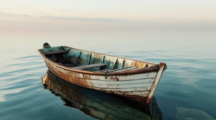 Obraz premium Weathered fishing boat gently bobbing on calm sea waters during tranquil sunrise or sunset, evoking serenity and nostalgia in coastal scenery