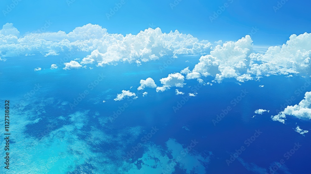 Poster aerial view of tranquil azure sea with vibrant horizon and soft, fluffy clouds under clear blue sky 