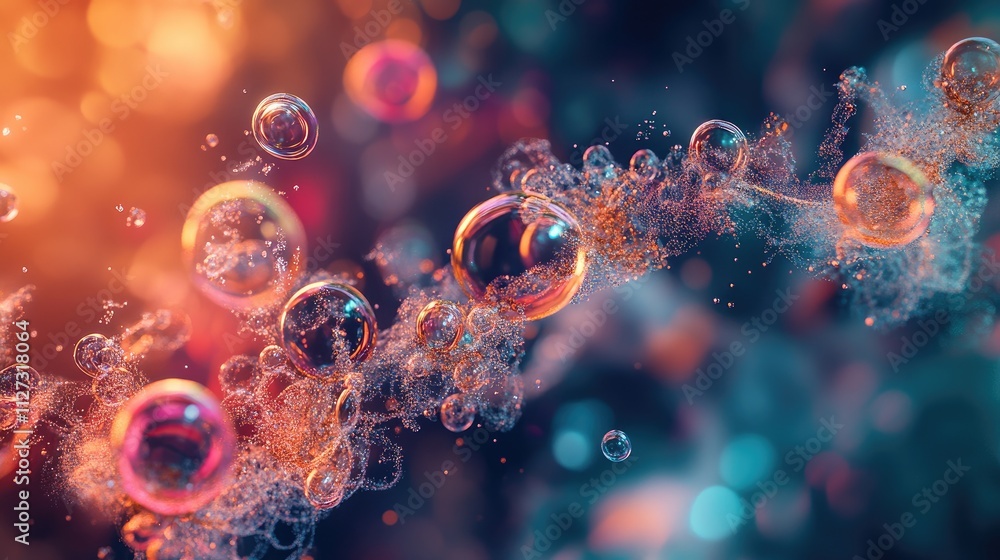 Poster abstract background featuring colorful bubbles and fluid textures representing skincare and cosmetic