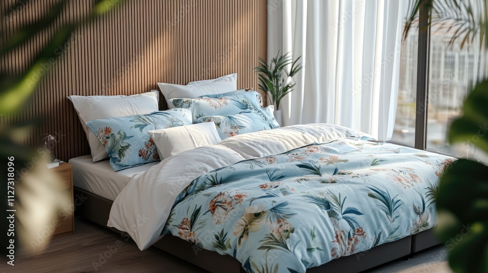 Aufkleber cozy bedroom with floral bed sheets and pillows creating a serene atmosphere in bright and airy inte