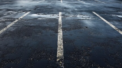 Damaged asphalt parking lot with visible potholes and cracks requiring urgent repairs and maintenance for safe vehicle use.