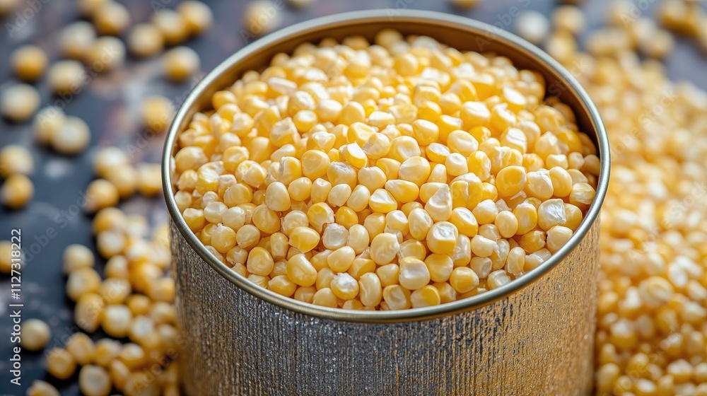 Poster can of maculex corn flour 400g with yellow corn kernels on rustic background showcasing grains and p