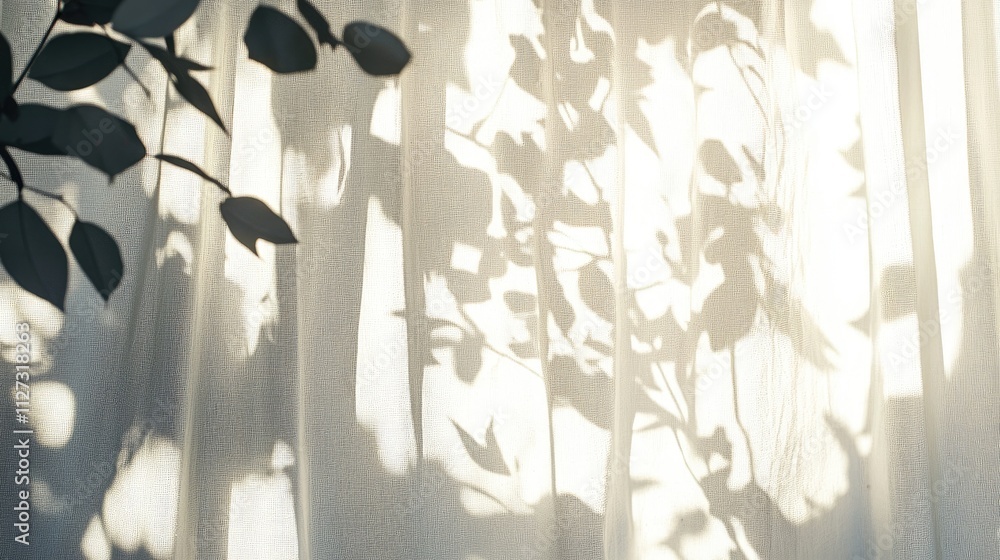 Poster sunlight filtering through textured white curtains casting leaf shadows indoors