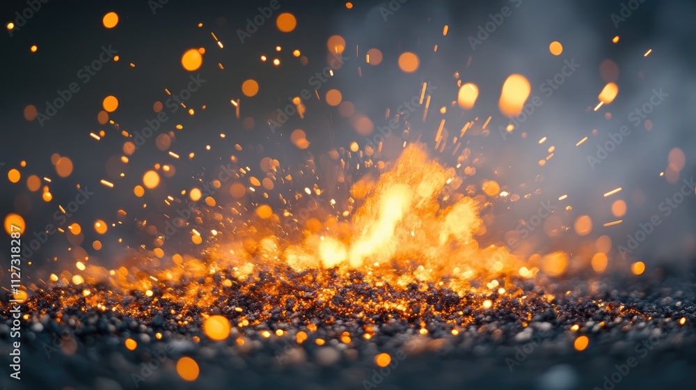 Aufkleber Bokeh lights with flying fire sparks creating a vibrant atmospheric scene of warmth and energy against a dark textured background