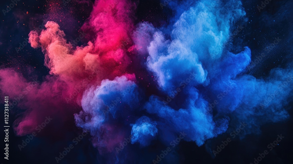Poster Vibrant colorful powder explosion on dark background creating a dramatic artistic effect with clouds of blue pink and purple dust particles