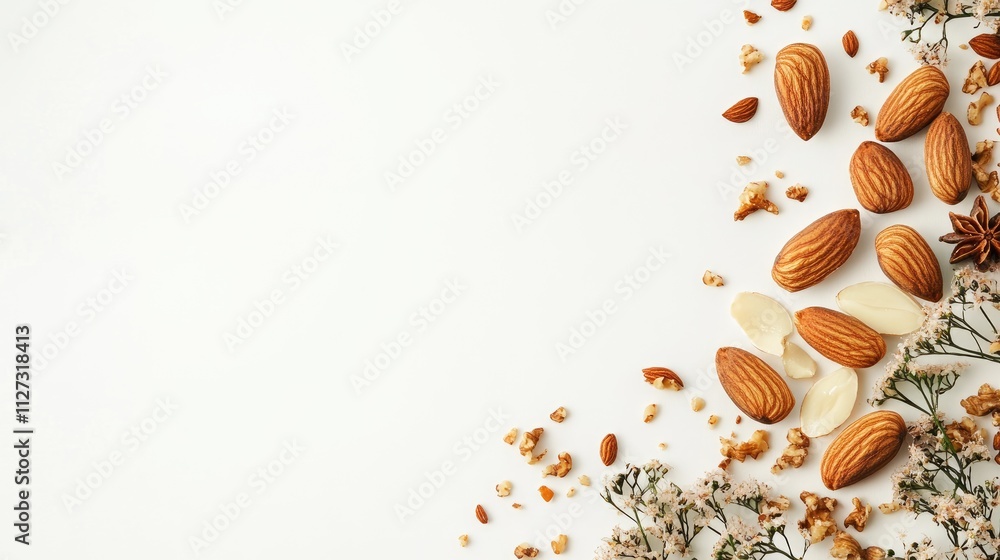 Fototapete almonds and nuts arranged on a white background with decorative elements for culinary and healthy ea