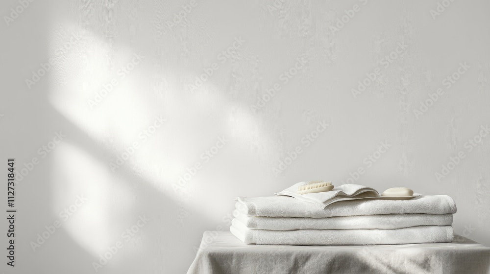 Poster freshly folded clean towels and a book on a table with soft shadows and a minimalist white backgroun