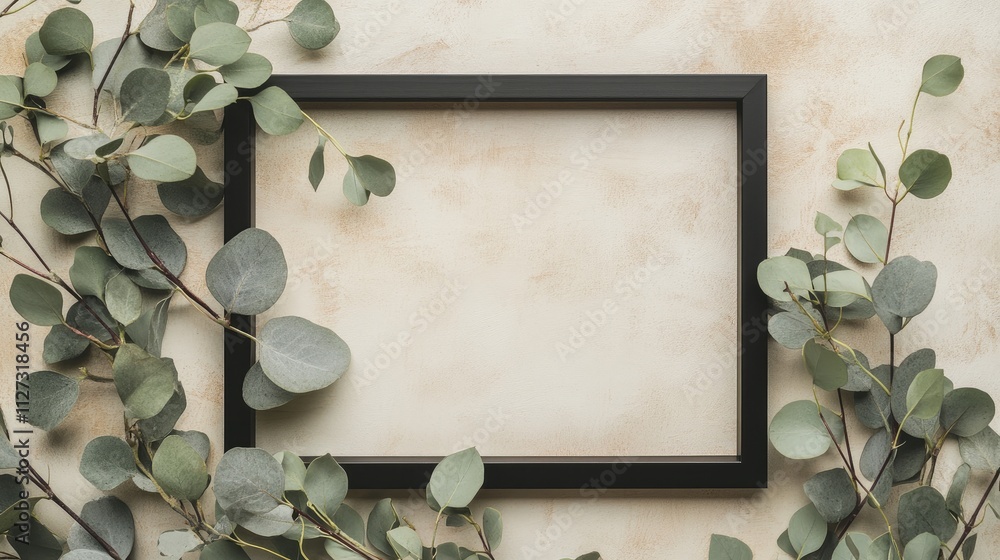 Aufkleber Black square frame mockup surrounded by eucalyptus leaves on a textured beige table creating a minimalist and nature-inspired decor setting