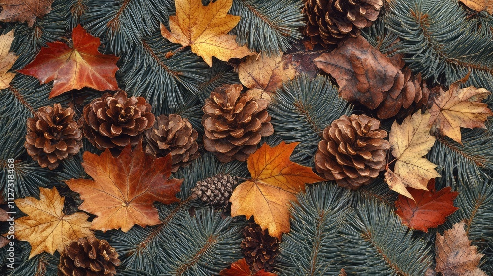 Poster autumn foliage and pine cones nestled among evergreen needles creating a vibrant seasonal display in