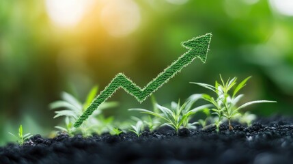 Growth trend concept with green arrow representing business development and success amidst healthy plant life symbolizing investment opportunities.