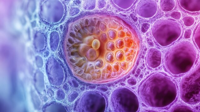 Microscopic image of flower ovary and ovule showcasing plant cell structure with high magnification and vibrant coloration in botanical science