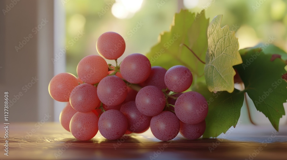 Poster fresh red grapes with green leaves arranged on a wooden table ideal for red wine production and culi
