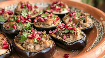 Close up of Mediterranean stuffed eggplants, garnished with pomegranate seeds and placed on a rustic ceramic plate