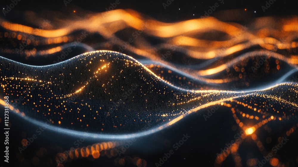 Fototapete Abstract visualization of artificial intelligence and machine learning showcasing digital transformation and data analysis through illuminated wave patterns.