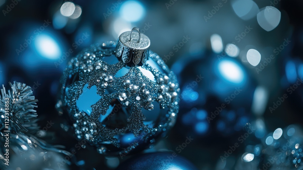 Aufkleber blue christmas ornaments with intricate designs softly illuminated, creating a festive atmosphere in