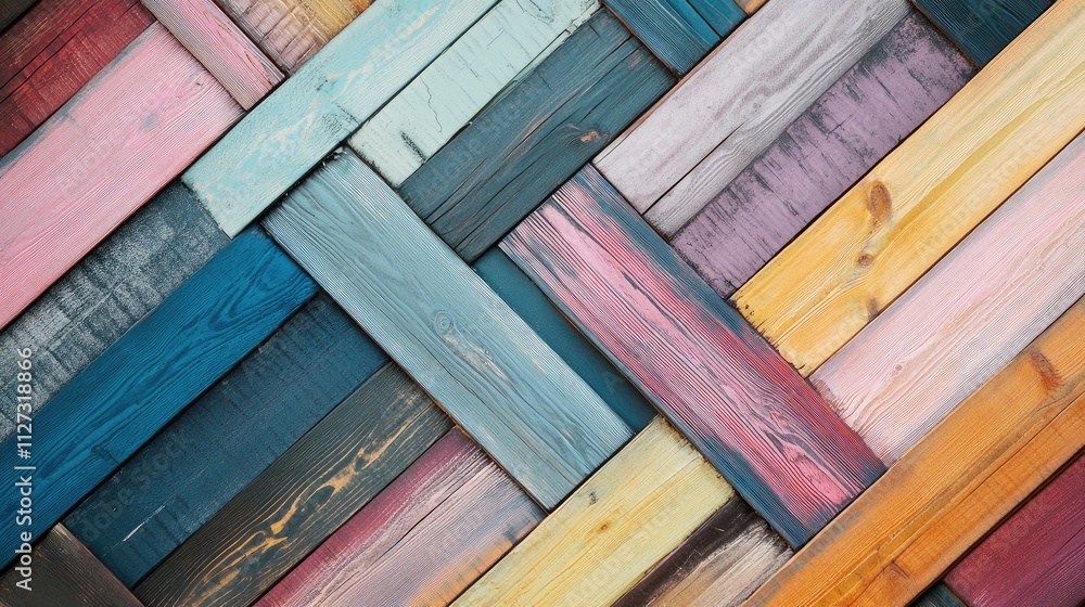 Poster pastel colored wooden background with an inlaid pattern of stained planks creating a vibrant and dec