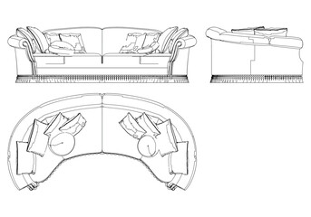 Sofa for the living room hand-painted in different sizes and types, Elegant baroque and classical designs. Vector Illustration with Front, Side, and Top Views