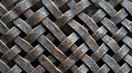 Detailed texture of weathered steel wire mesh showcasing intricate patterns and rust, ideal for industrial or architectural design concepts.