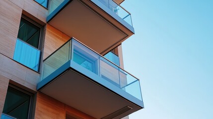 Fototapeta premium Modern apartment balcony with glass railings against a clear blue sky showcasing contemporary architecture and urban living design elements.