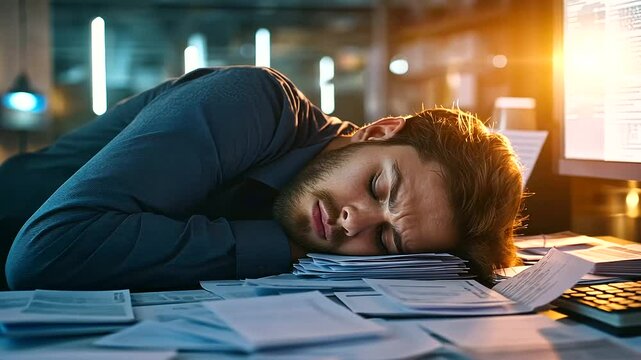 A young manager falls asleep with his head resting on a pile of reports, office sunlight casting a soft glow over him and a computer screen reflecting his undone tasks.