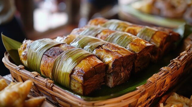 Traditional Malaysian food served for breaking fast featuring lemang, ketupat palas, beef rendang, chicken rendang, and serunding in a basket.