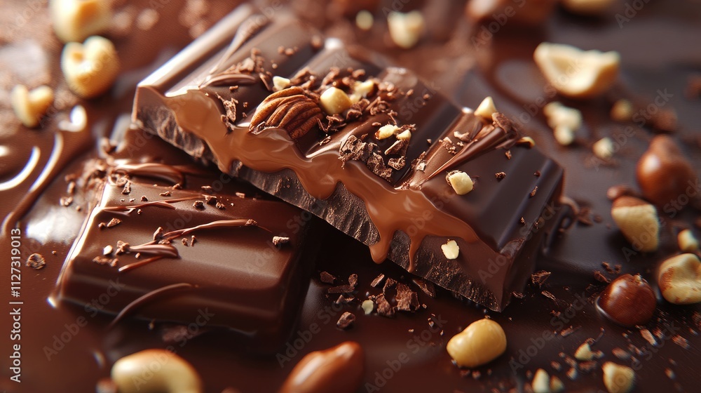 Poster delicious broken chocolate bar with nuts and caramel pieces resting on a rich chocolate glaze backgr