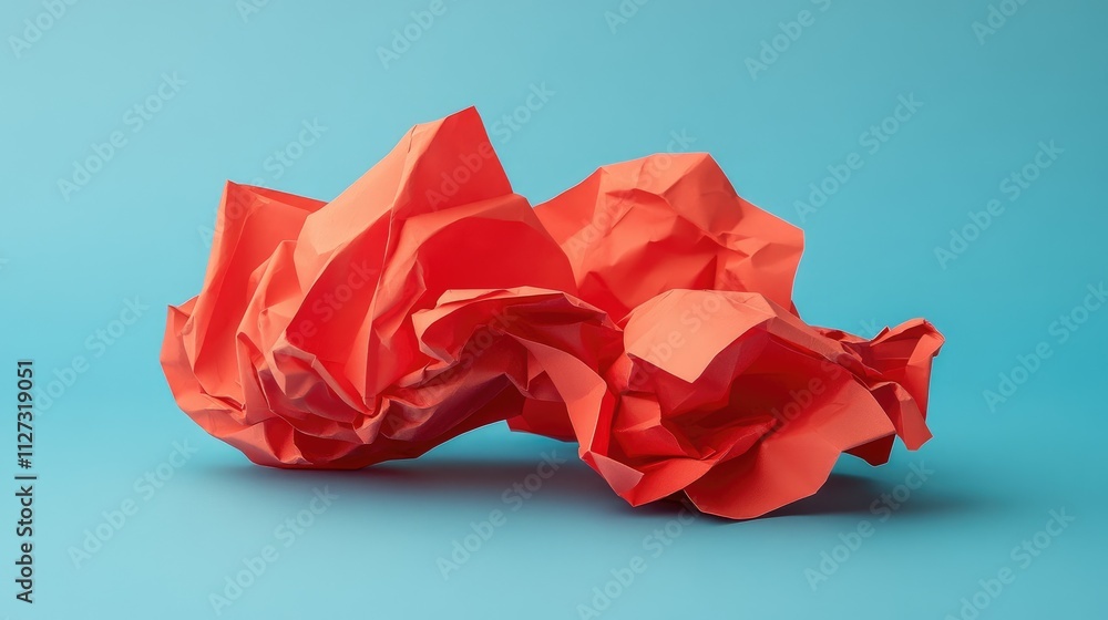 Poster crumpled red paper on a blue background showcasing texture and color contrast for creative design an