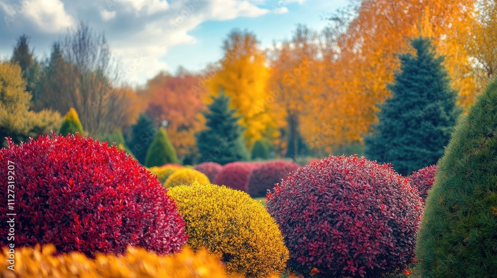 Poster autumn garden landscape with vibrant sheared bushes and colorful trees showcasing a multicolored nat