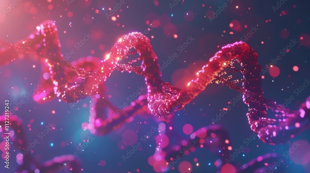 Poster red dna double helix rotating in a dark microscopic environment with glowing particles, representing
