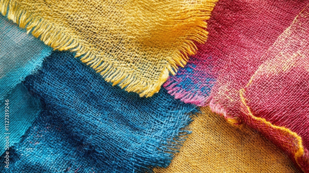 Poster closeup view of vibrant multi-colored fabric swatches showcasing unique textures and intricate weave