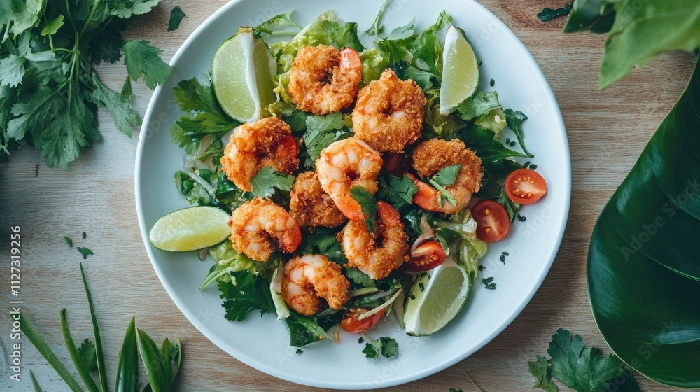 Poster crispy breaded shrimp salad with fresh greens lime wedges cherry tomatoes and coriander on a rustic 