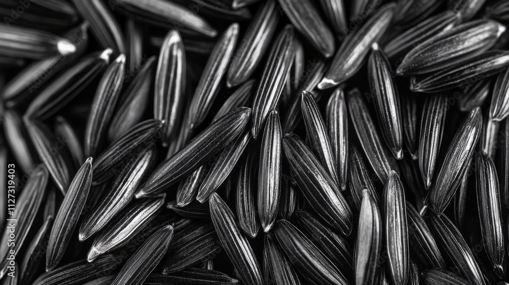 Poster Natural black and white texture of wild rice grains creating an elegant and minimalist background for various design projects.