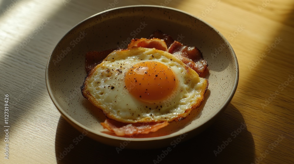 Poster delicious bacon and egg yolk served in a rustic bowl with sunlight and shadows on a beige wooden tab