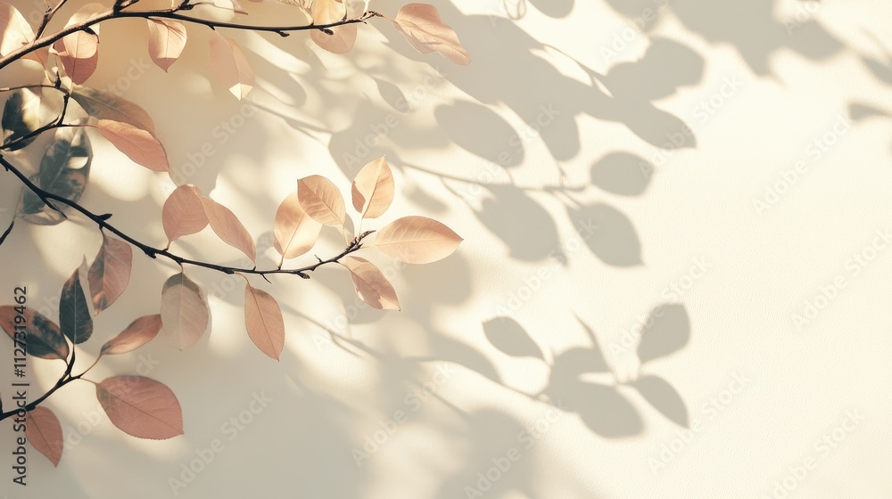 Poster Leaves casting colorful shadows on a white wall with pastel tones creating an elegant and serene background for design and wallpaper use