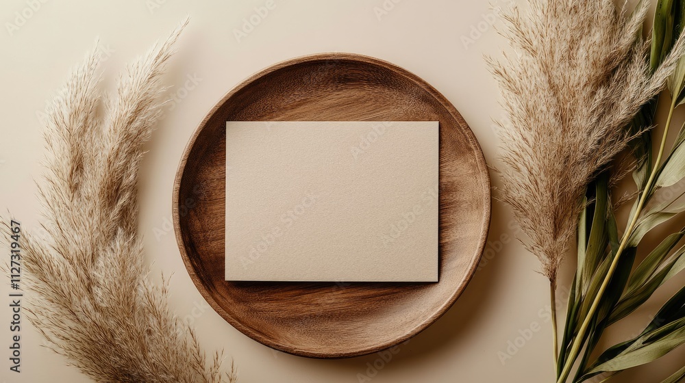 Poster minimalist greeting card mockup with pampas grass on wooden plate in soft beige workspace flat lay c